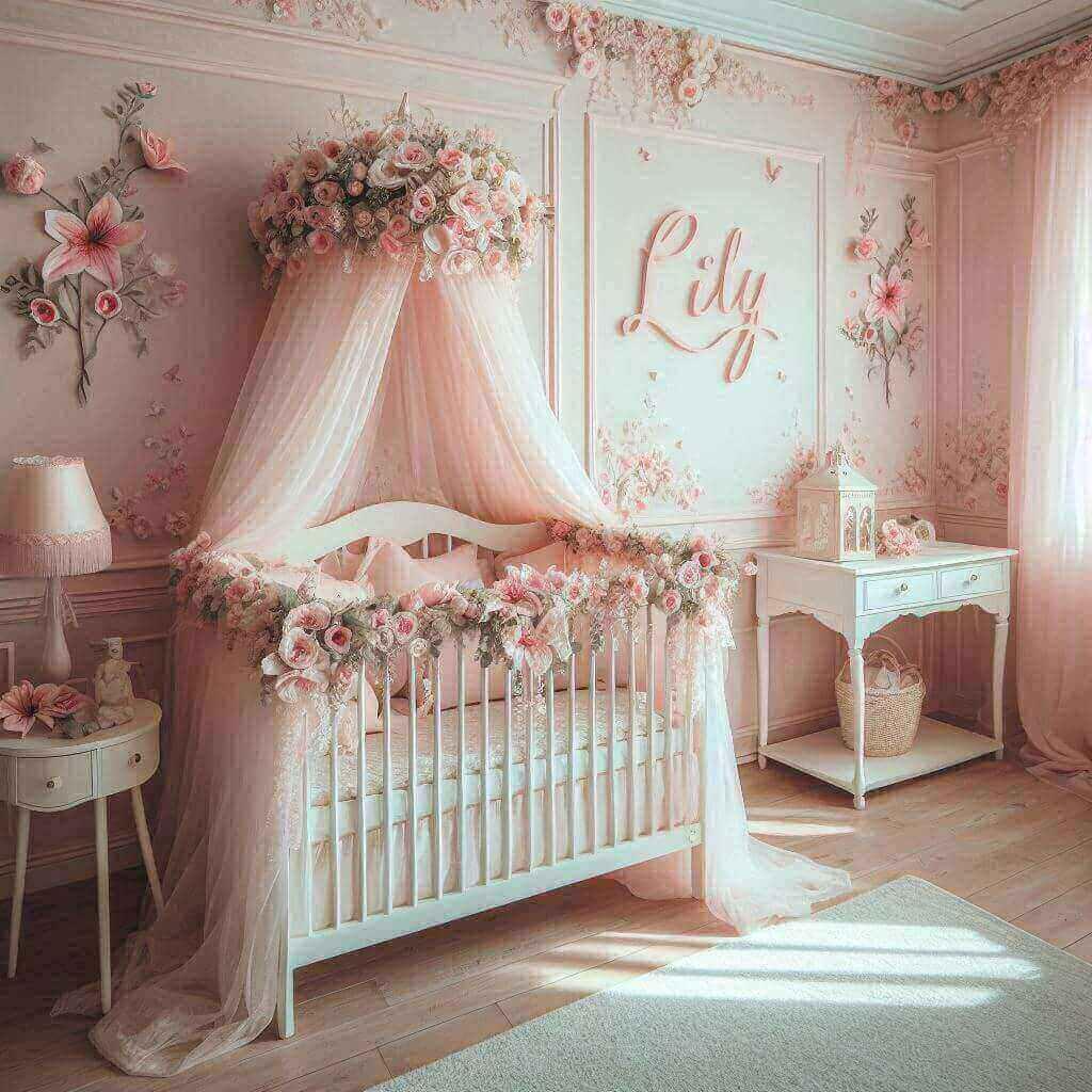 Une chambre douce et raffinee ou le prenom lily prend vie dans un decor floral aux teintes roses pastel