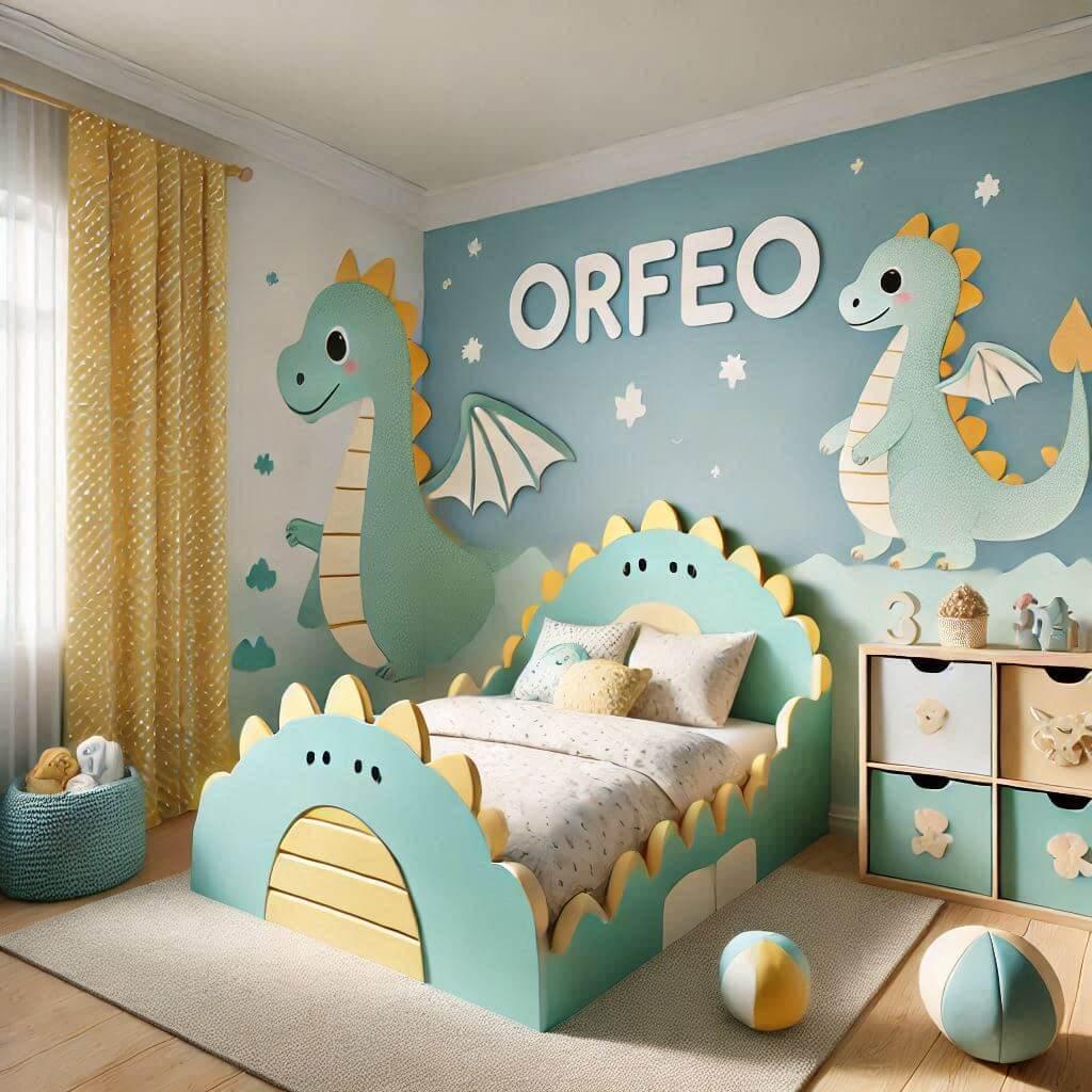 Une chambre douce pour enfant sur le theme des dragons pour orfeo le lit a la forme dun dragon mignon avec des couleurs comme le bleu clair le vert pastel et le jaune les murs sont