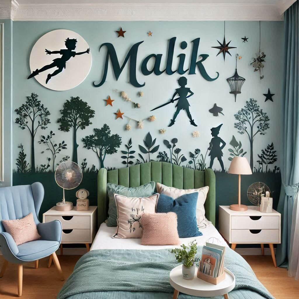 Une chambre feerique avec le prenom malik sur le theme de peter pan avec des couleurs apaisantes comme le vert foret et le bleu ciel des elements decoratifs inspires de neverland c