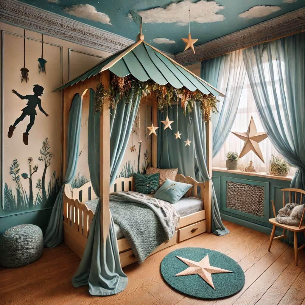 Une chambre feerique avec le prenom said sur le theme de peter pan lit cabane avec des couleurs apaisantes comme le vert foret et le bleu ciel des elements decoratifs inspires de n