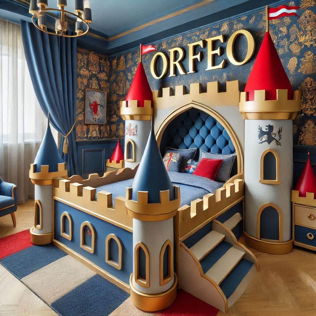 Une chambre pour enfant sur le theme chevaliers et chateaux medievaux pour le prenom orfeo le lit a la forme dun chateau avec des couleurs comme bleu rouge or