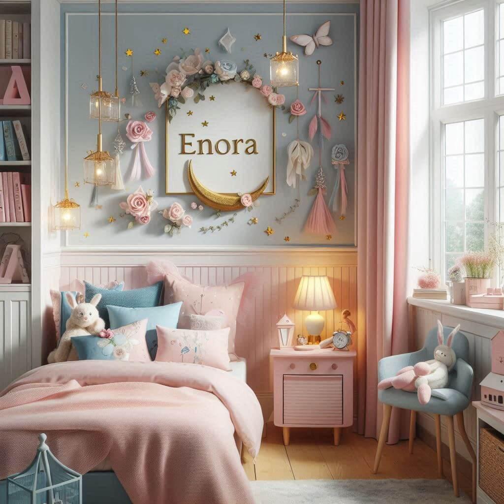 Une chambre pour petite fille avec le nom enora inspiree par la magie couleur bleu clair rose poudre livres lampe allumee 2