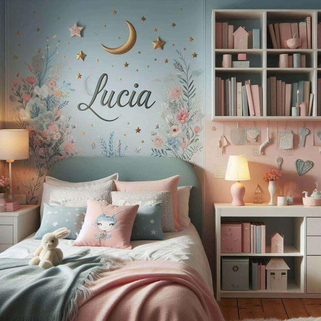 Une chambre pour petite fille avec le nom lucia inspiree par la magie couleur bleu clair rose