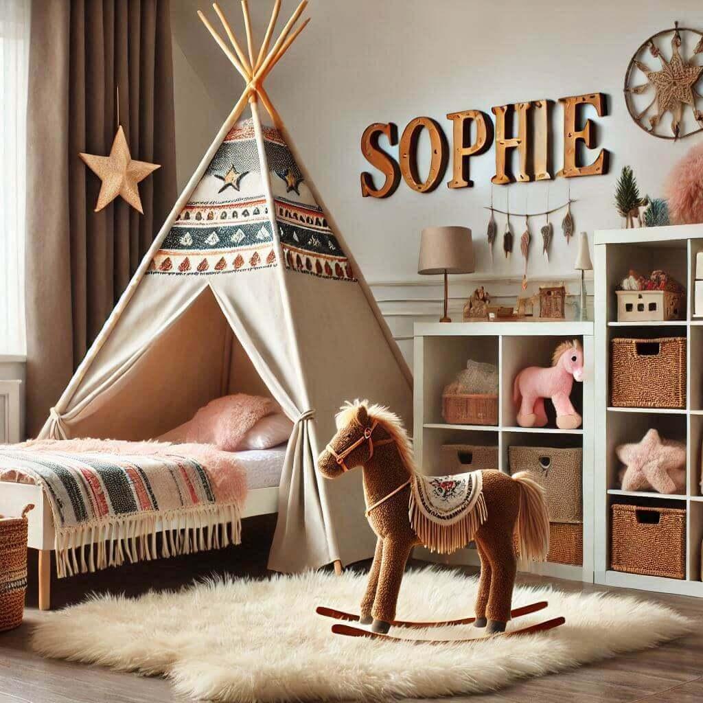 Une chambre pour petite fille avec un lit en forme de tipi style indien prenom sophie meubles cubes tapis de fourure peluche cheval sur le tapis en fourure 1 1