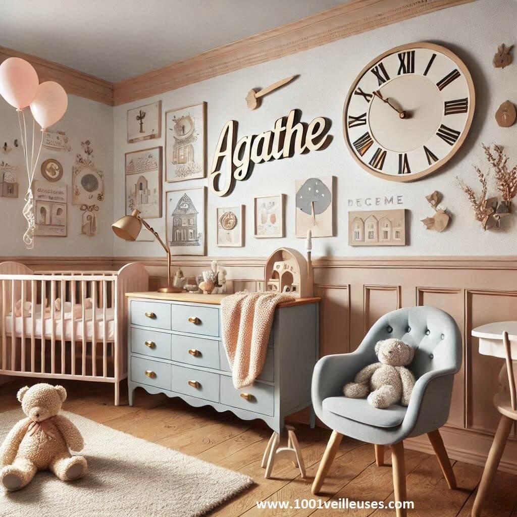 Une chambre pour un bebe sur le theme vintage et retro avec le prenom agathe ecrit au mur 4 1