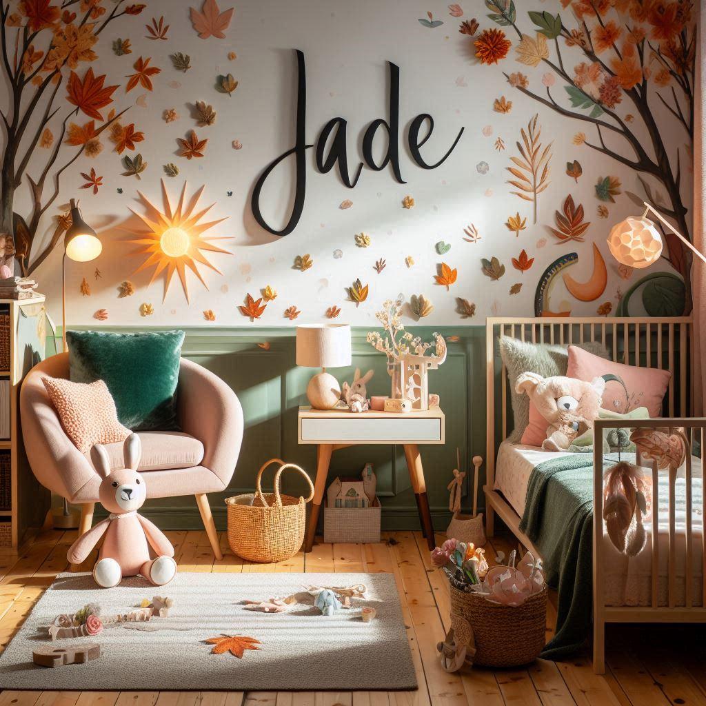 Une chambre pour une petite fille sur le theme automnal avec le prenom jade ecrit au mur