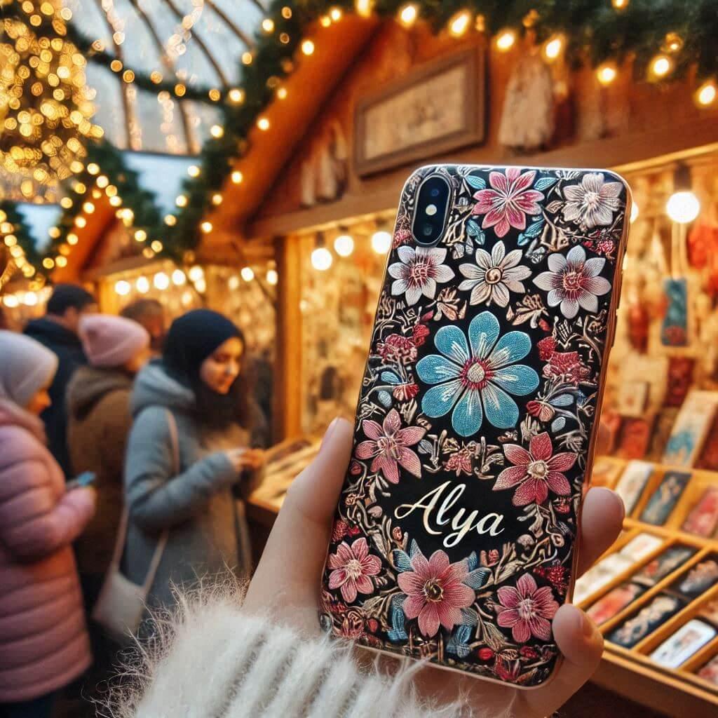 Une coque de telephone avec le prenom alya motif fleur dans un marche de noel