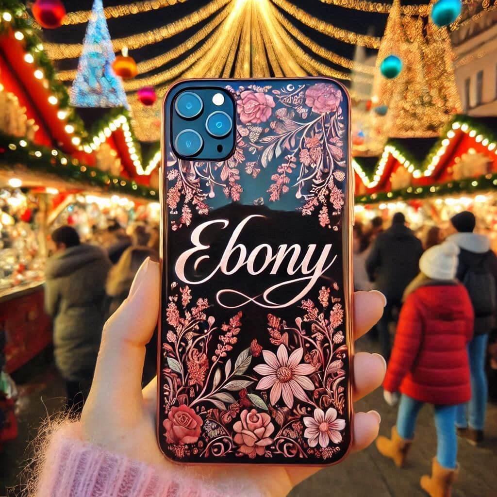 Une coque de telephone personnalise avec le prenom ebony theme fleuri au marche de noel 1