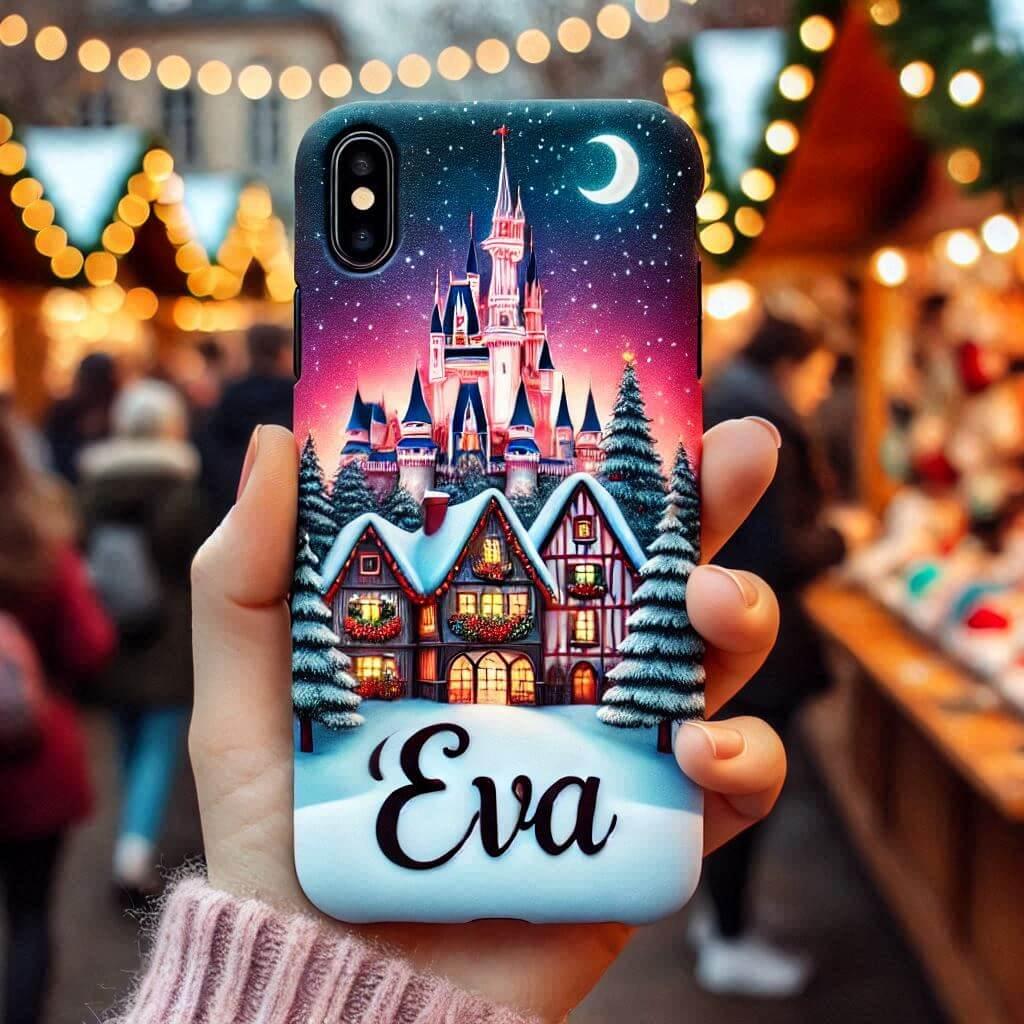 Une coque de telephone personnalise avec le prenom eva au marche de noel