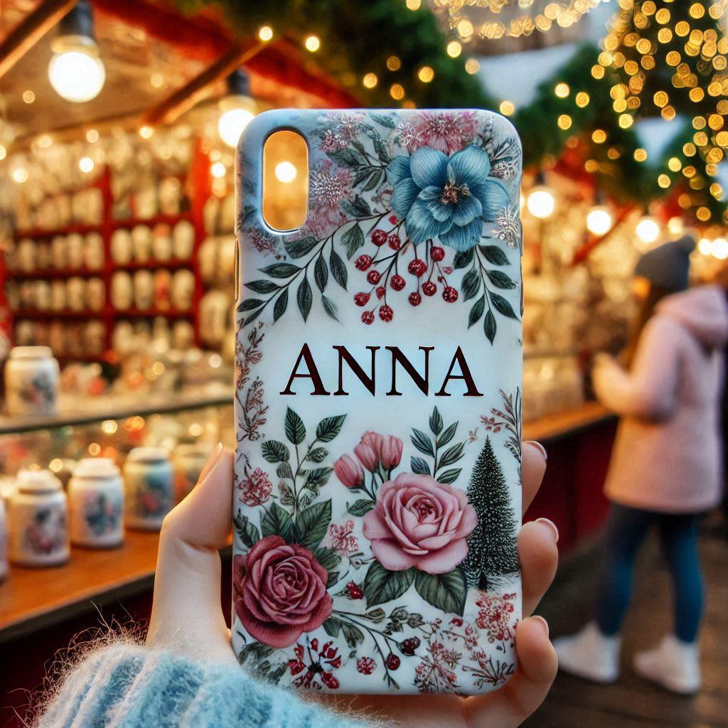 Une coque de telephone personnalisee au prenom de anna motif fleuri dans un marche de noel