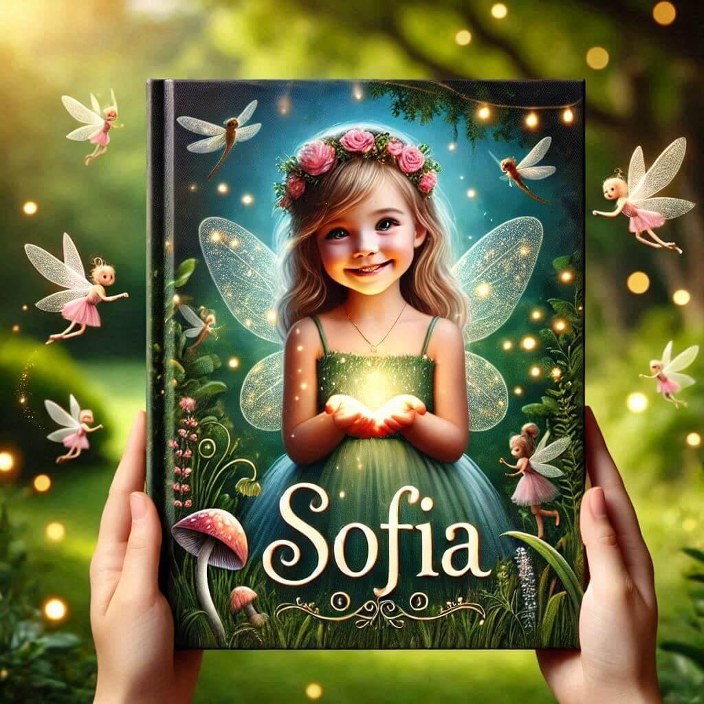 Une couverture de livre avec le prenom sofia en titre dans les mains d une petite fille avec des lucioles et des fees 1