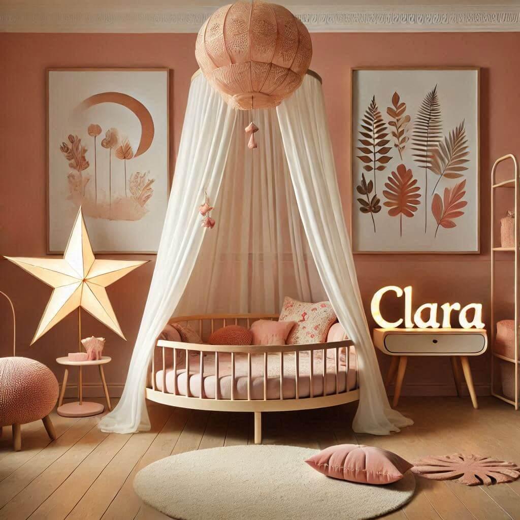 Une decoration de chambre denfant avec le prenom clara inspiree par lexotisme et la douceur avec des tons chauds tels que le rose poudre le corail et le blanc casse et un lit rond