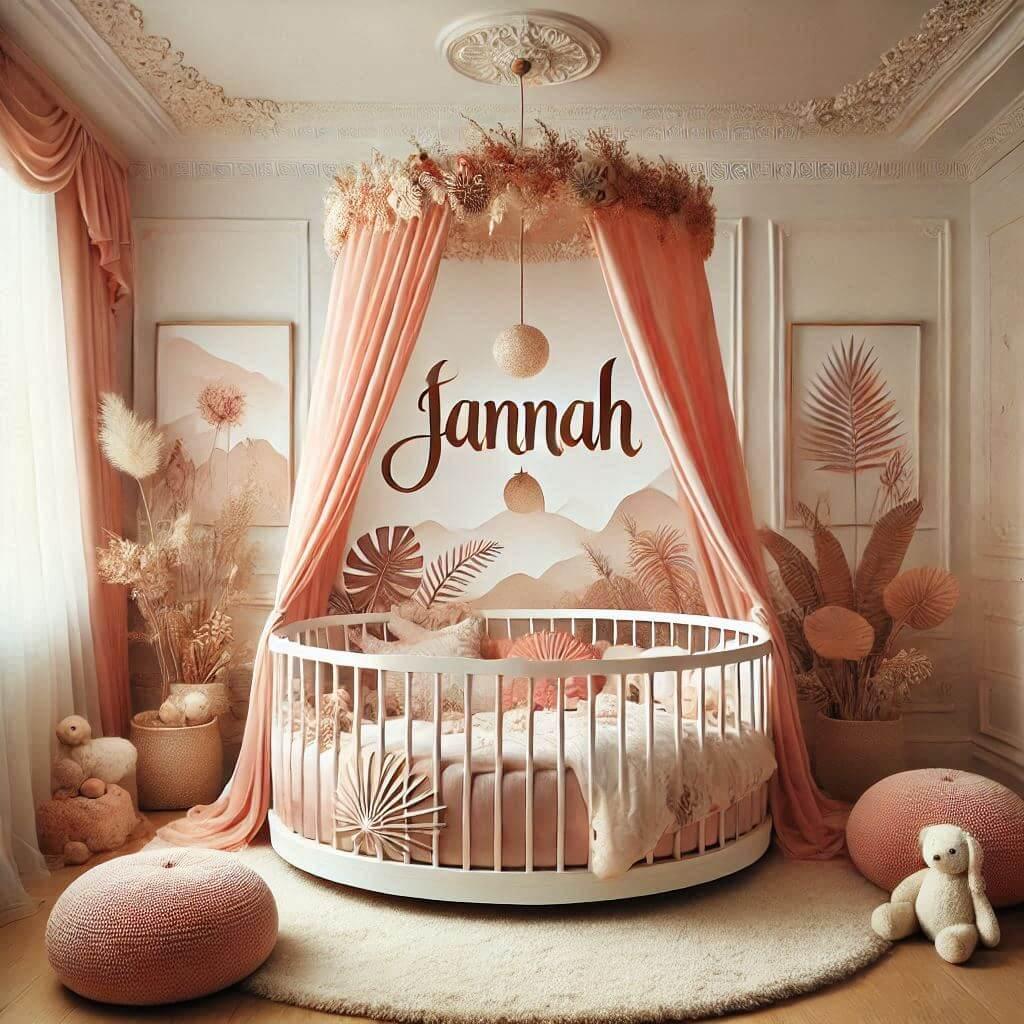 Une decoration de chambre denfant avec le prenom jannah inspiree par lexotisme et la douceur avec des tons chauds tels que le rose poudre le corail et le blanc casse et un lit rond