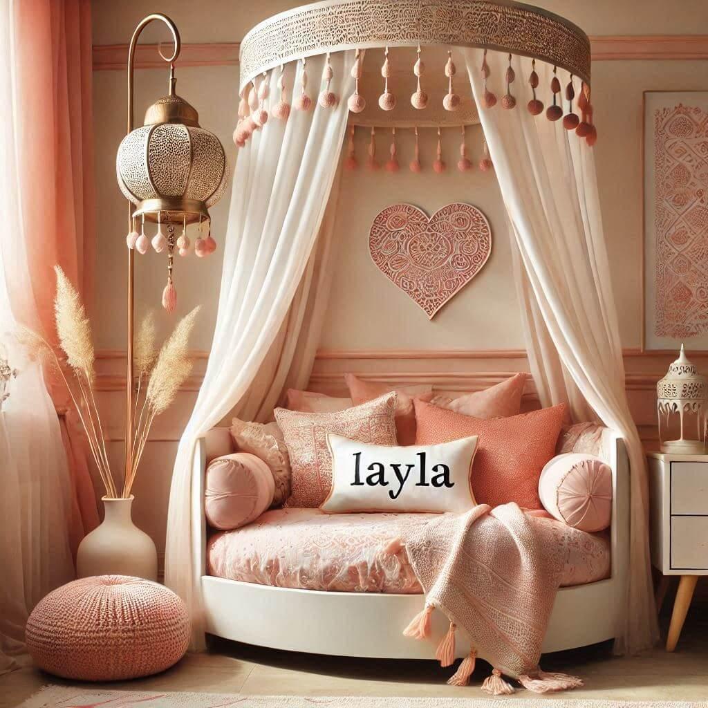 Décoration de chambre d'enfant 'Layla' avec tons chauds, lit rond et baldaquin inspirée de l'exotisme et de la douceur.