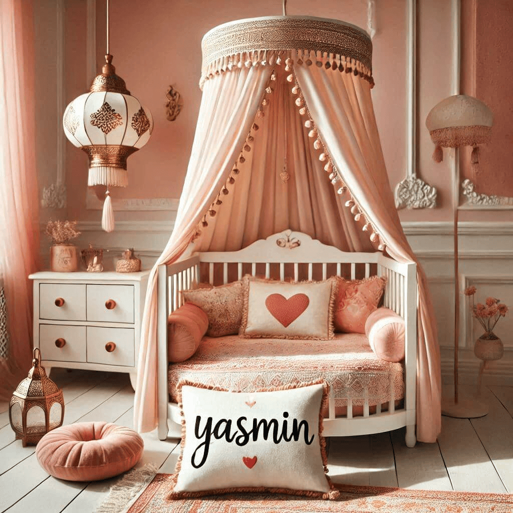 Une decoration de chambre denfant avec le prenom yasmin inspiree par lexotisme et la douceur avec des tons chauds tels que le rose poudre le corail et le blanc casse et un lit rond