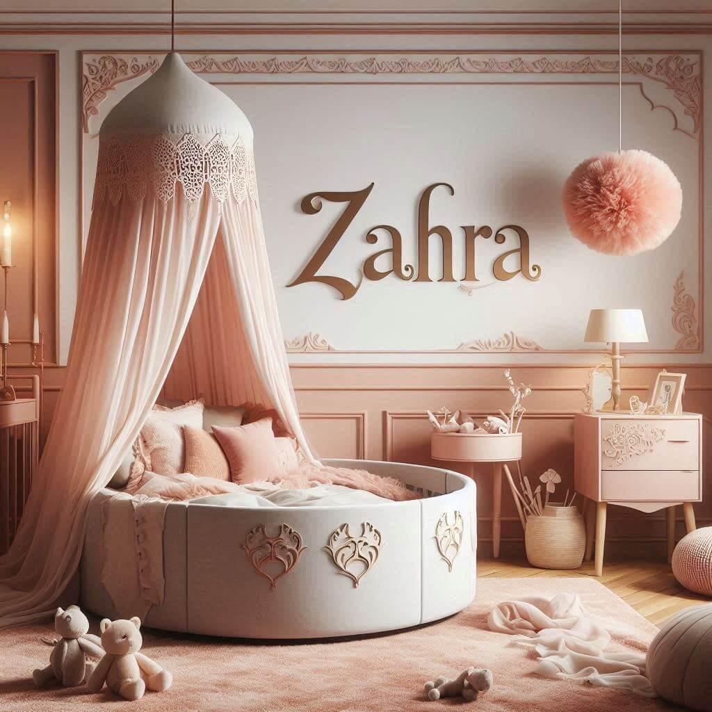 Une decoration de chambre denfant avec le prenom zahra inspiree par lexotisme et la douceur avec des tons chauds tels que le rose poudre le corail et le blanc casse et un lit rond