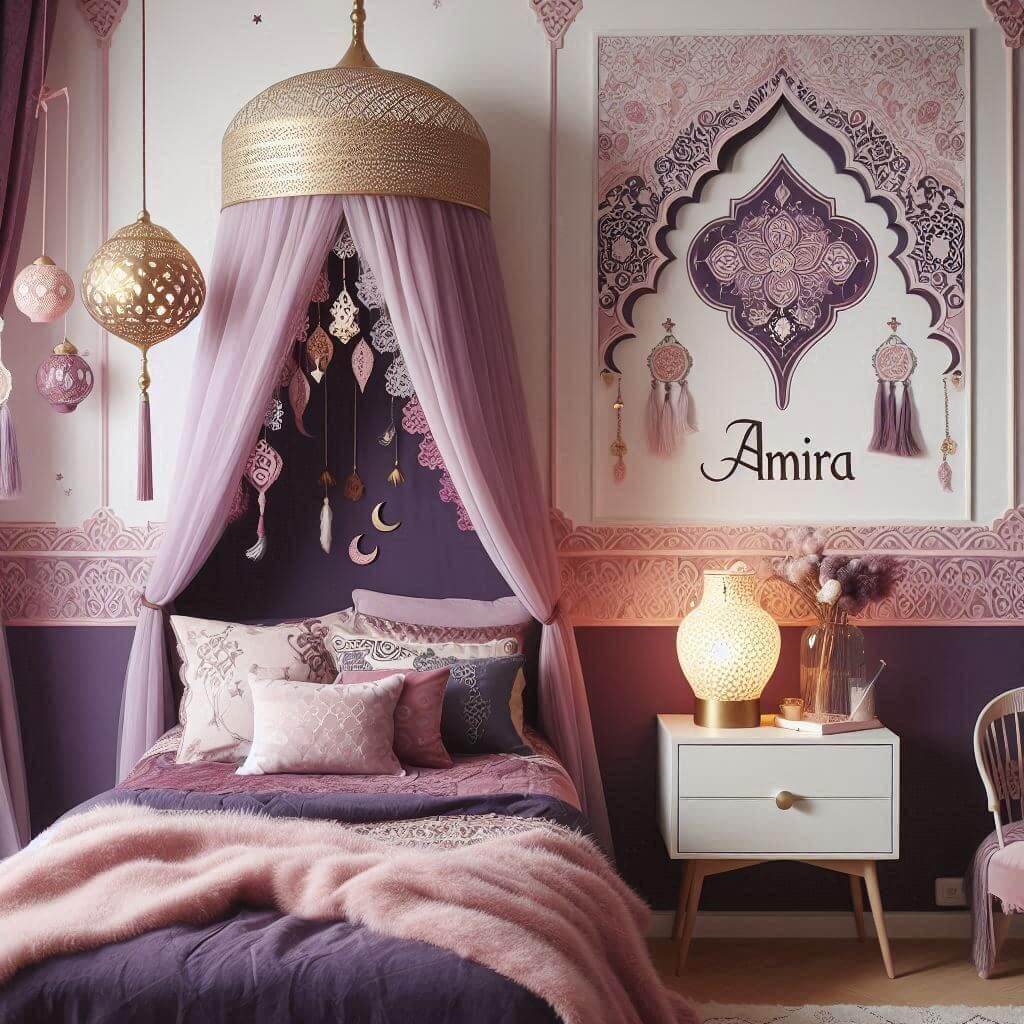 Une decoration de chambre denfant inspiree par lexotisme et lorient avec des tons violet rose poudre or la piece comprend un lit avec un baldaquin et une lampe orientale eclairee p