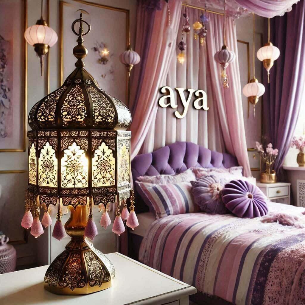 Une decoration de chambre denfant inspiree par lexotisme et lorient avec des tons violet rose poudre or la piece comprend un lit avec un baldaquin et une lampe orientale eclairee p