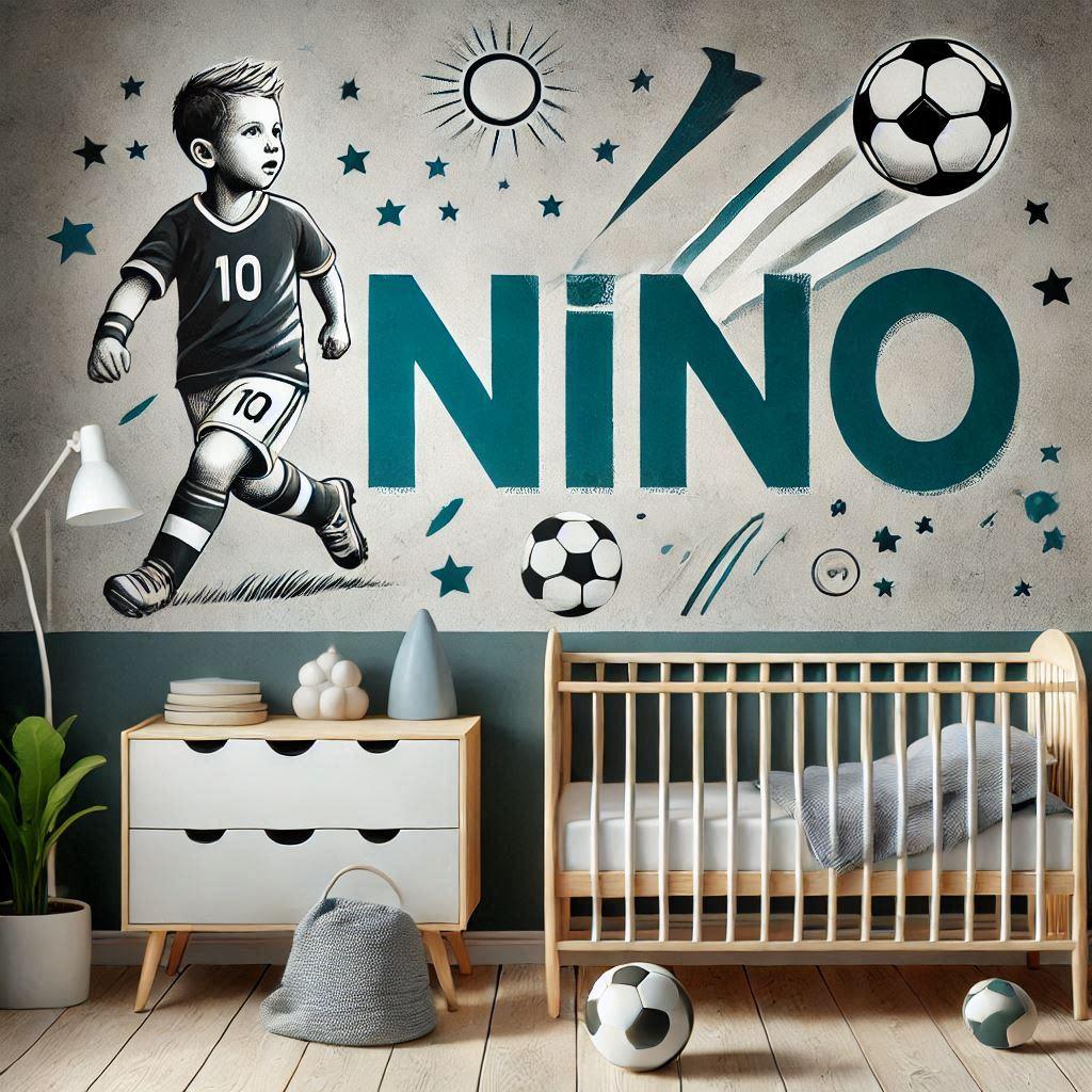 Une image realiste avec ecrit nino sur une affiche murale dans une chambre de bebe garcon sur le theme du football 1