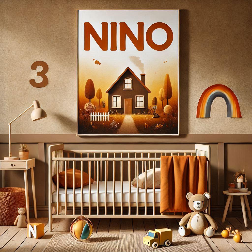 Une image realiste avec ecrit nino sur une affiche murale dans une chambre de petit garcon avec un lit cabane dans les tons marrons orange jaune ocre avec un berceau et des jouets