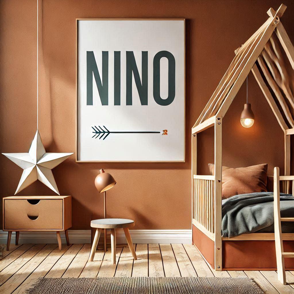 Une image realiste avec ecrit nino sur une affiche murale dans une chambre de petit garcon avec un lit cabane dans les tons terracotta avec une lumiere etoile