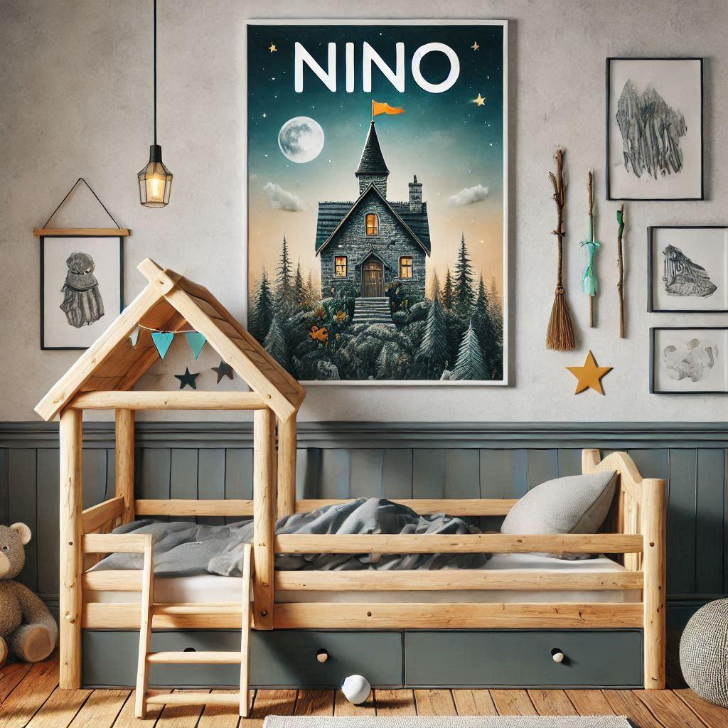 Une image realiste avec ecrit nino sur une affiche murale dans une chambre de petit garcon avec un lit cabane