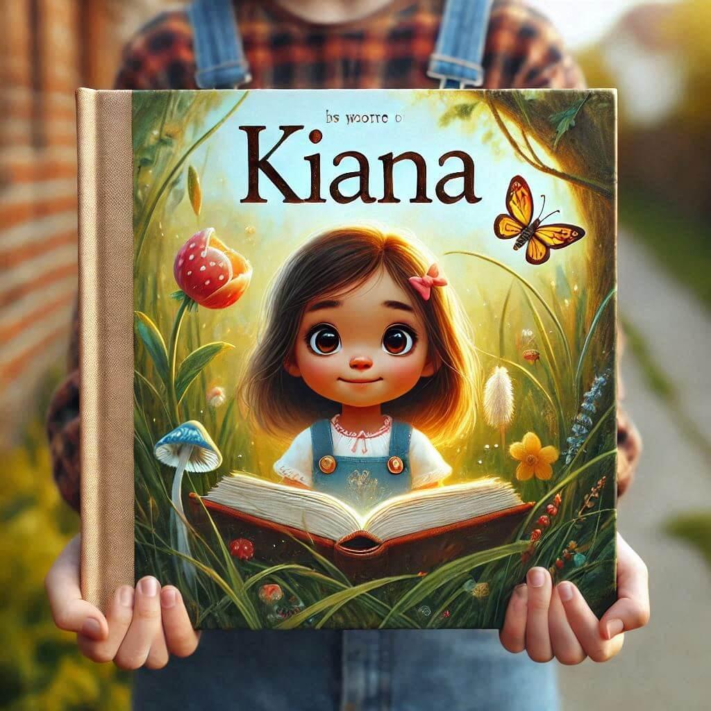 Une image realiste avec le prenom kiana sur un livre pour enfant tenu par une fille