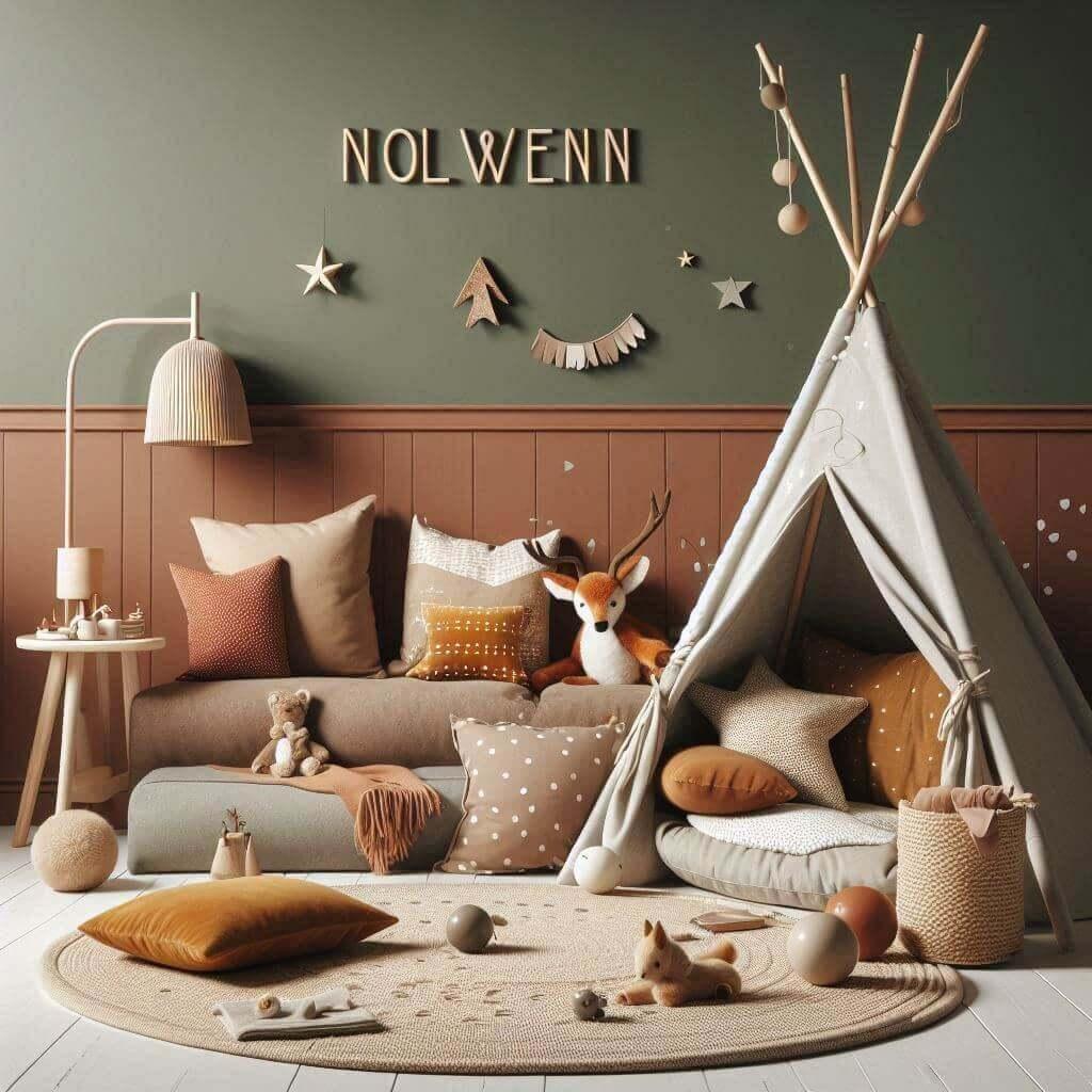 Une image realiste dun coin cocooning et de detente au sol pour bebe avec un mur vert terracotta des accessoires bruns chauds et des touches beige le nom nolwenn un coin lecture av