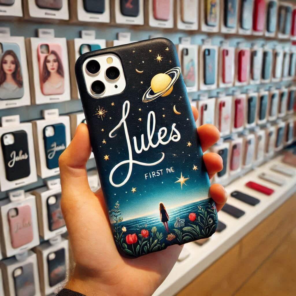 Une image realiste dun coque de telephone personnalisee avec le prenom de jules dans une boutique de coques de telephone 1 1