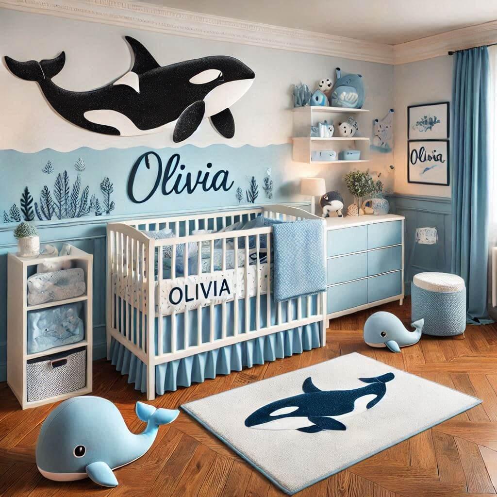 Une image realiste dune chambre de bebe avec un theme orque avec des elements personnalises avec le prenom olivia