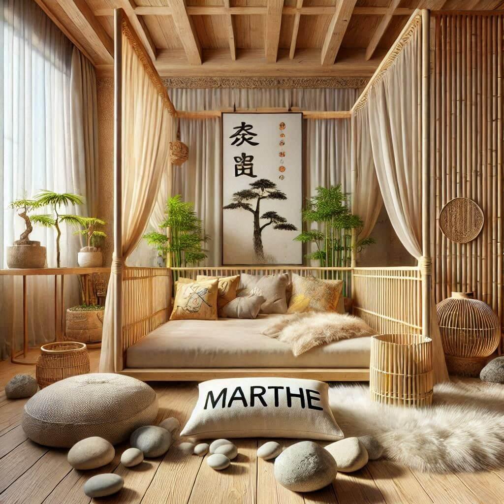 Une image realiste dune chambre de bebe fille avec un theme tapisserie bambou zen des elements personnalises et des tapis en fourrure un lit avec des coussins bambou lit a barreaux