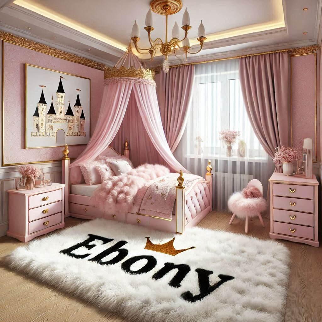 Une image realiste dune chambre de petite fille avec un theme chateau princesse rose poudre et or et blancs des elements personnalises avec le prenom ebony sur le tapis des tapis e