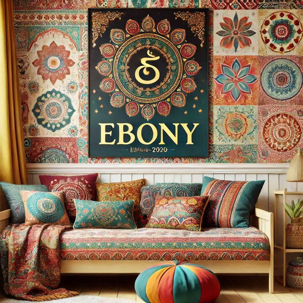 Une image realiste dune chambre de petite fille avec un theme indien avec des elements personnalises et le prenom ebony en decoration sur une affiche