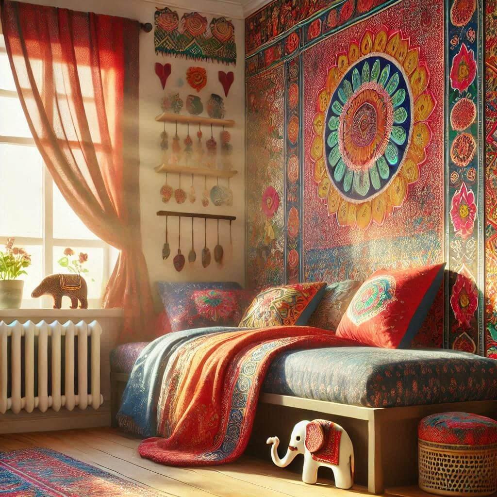 Une image realiste dune chambre de petite fille avec un theme indien avec des elements personnalises