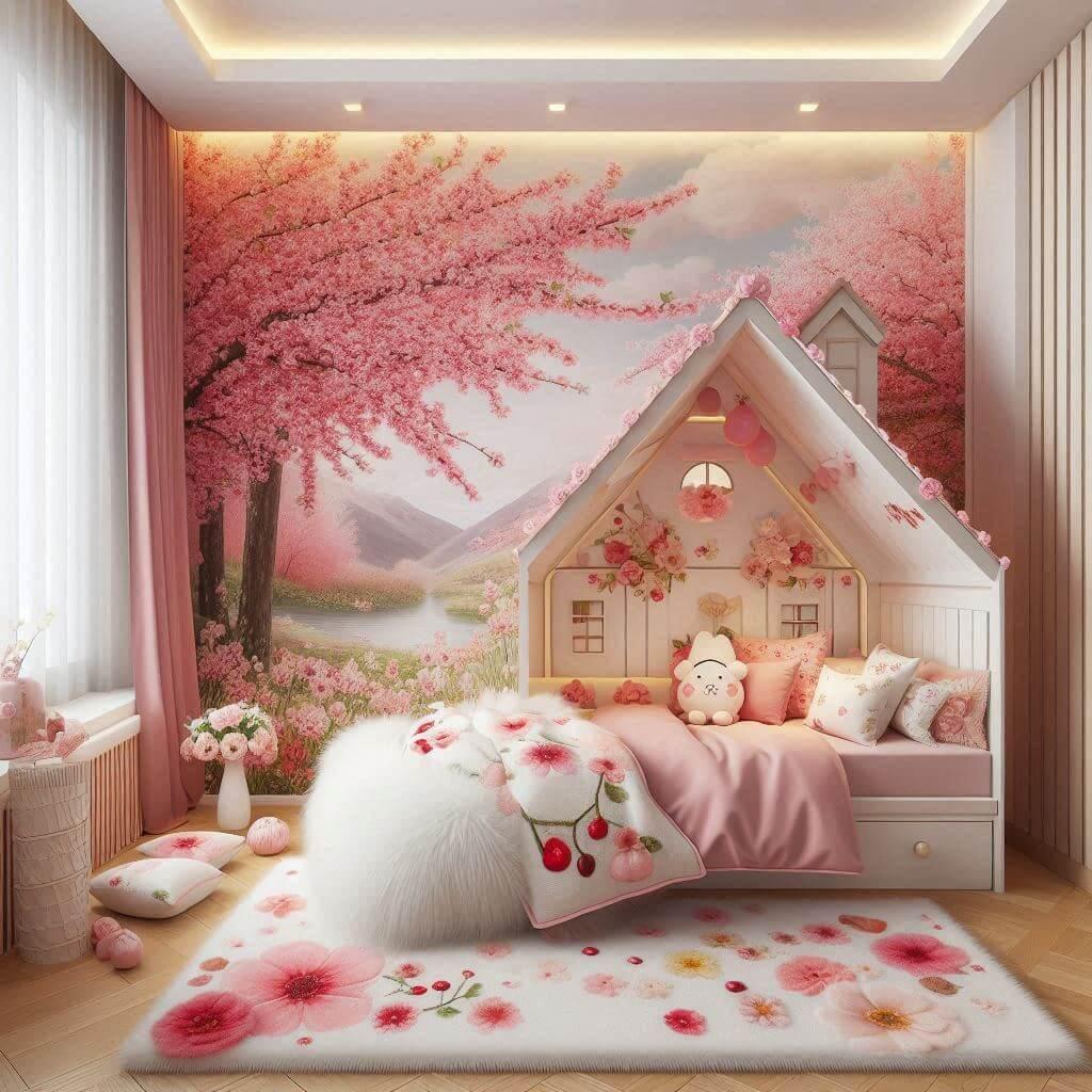 Une image realiste dune chambre de petite fille avec un theme tapisserie fleur de cerisiers des elements personnalises et des tapis en fourrure un lit cabane en forme de maisons av