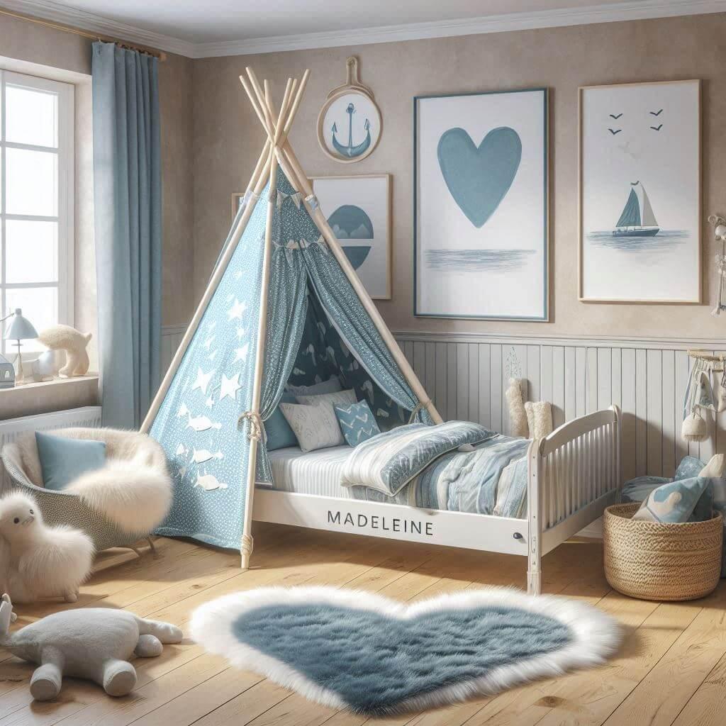 Une image realiste dune chambre denfant avec un theme de la mer des elements personnalises avec le prenom madeleine des tapis en fourrure un lit original avec un tipi motif coeur b