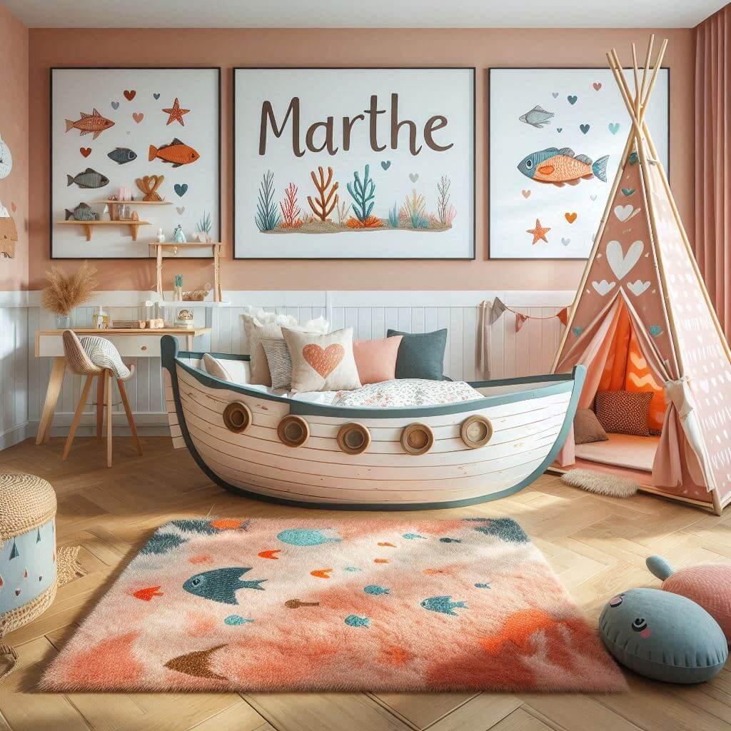 Une image realiste dune chambre denfant avec un theme de la mer des elements personnalises avec le prenom marthe des tapis en fourrure un lit original avec un tipi motif coeur bleu