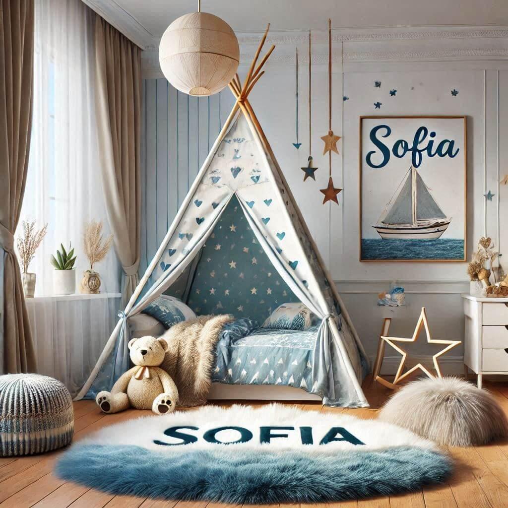 Une image realiste dune chambre denfant avec un theme de la mer des elements personnalises avec le prenom sofia des tapis en fourrure un lit original avec un tipi motif coeur bleu