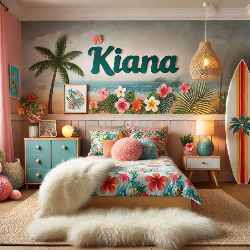 belle chambre d enfant avec un theme hawai des elements personnalises avec le prenom kiana des tapis en fourrure un lit avec des coussins fleurs