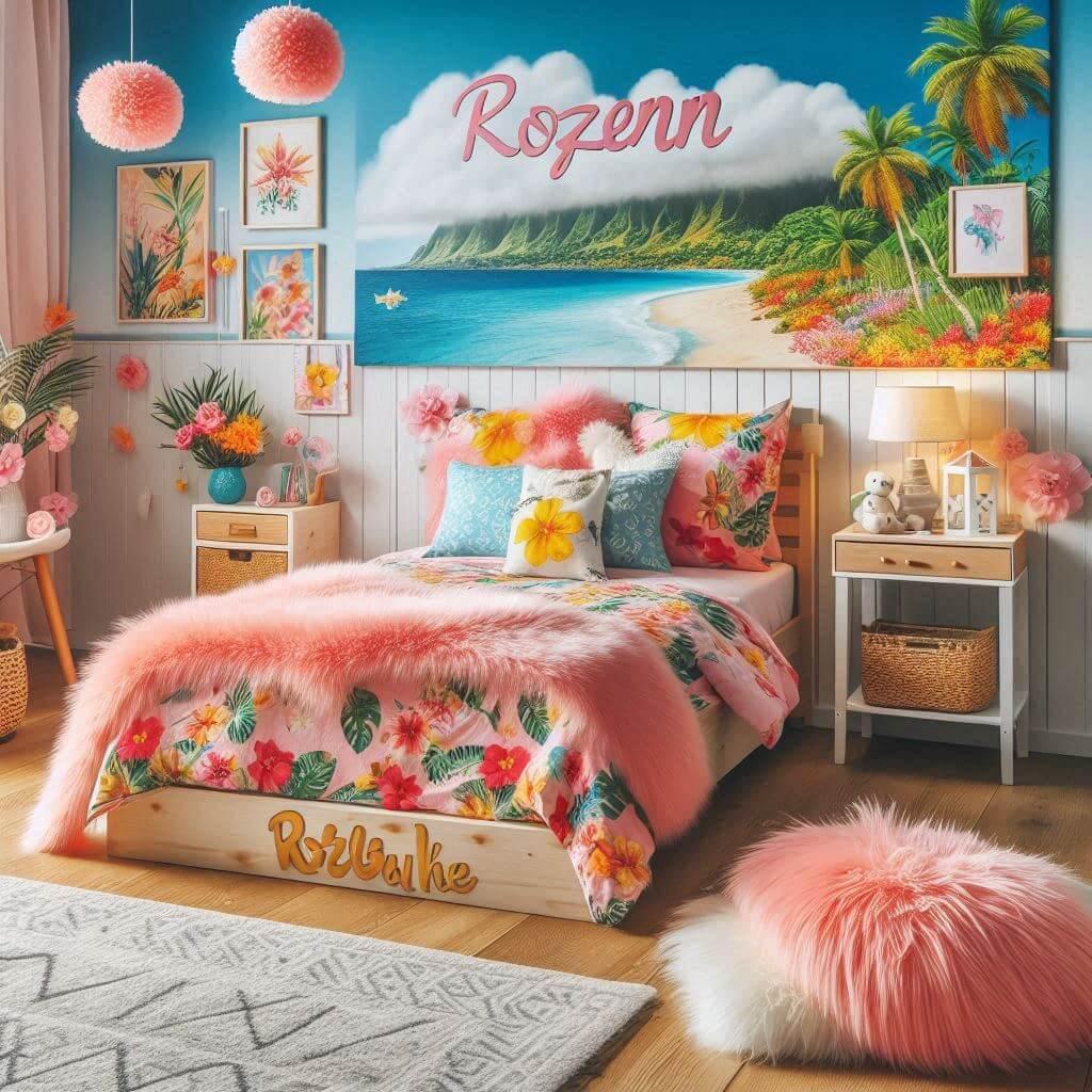 Une image realiste dune chambre denfant avec un theme hawai des elements personnalises avec le prenom rozenn des tapis en fourrure un lit avec des coussins fleurs 2