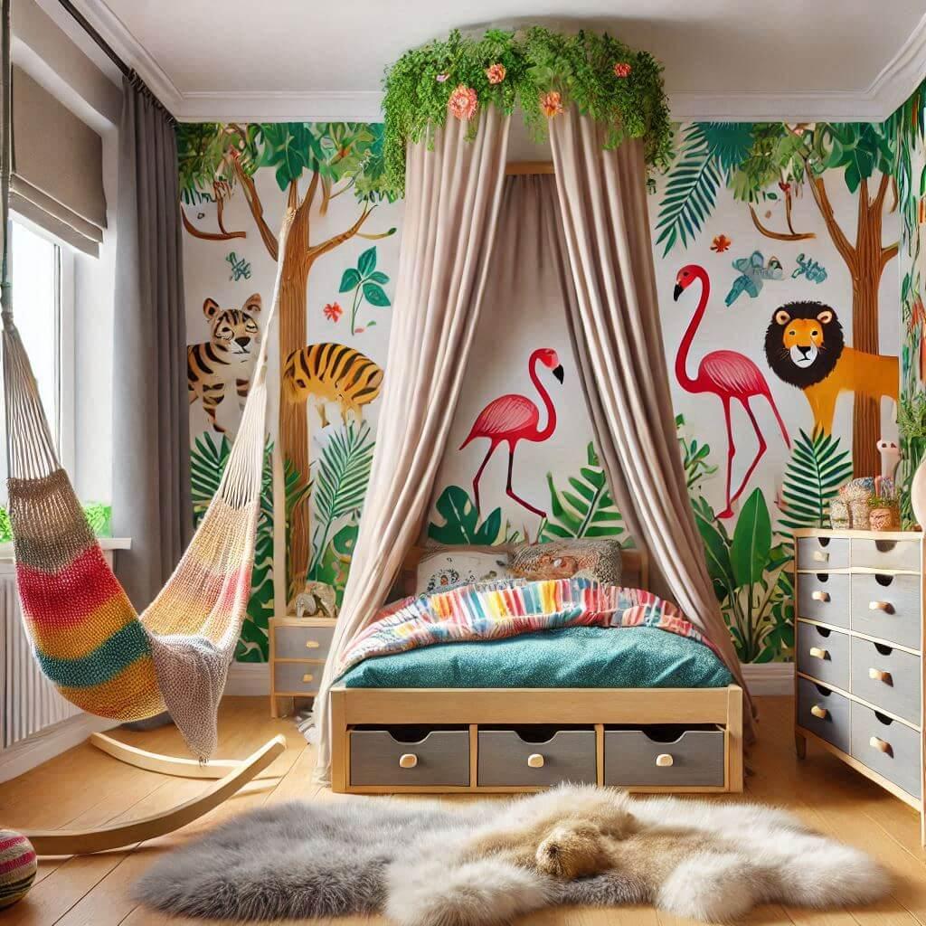 Une image realiste dune chambre denfant avec un theme jungle des elements personnalises avec le prenom hortense des tapis en fourrure un lit avec tiroirs un lit a baldaquin avec un