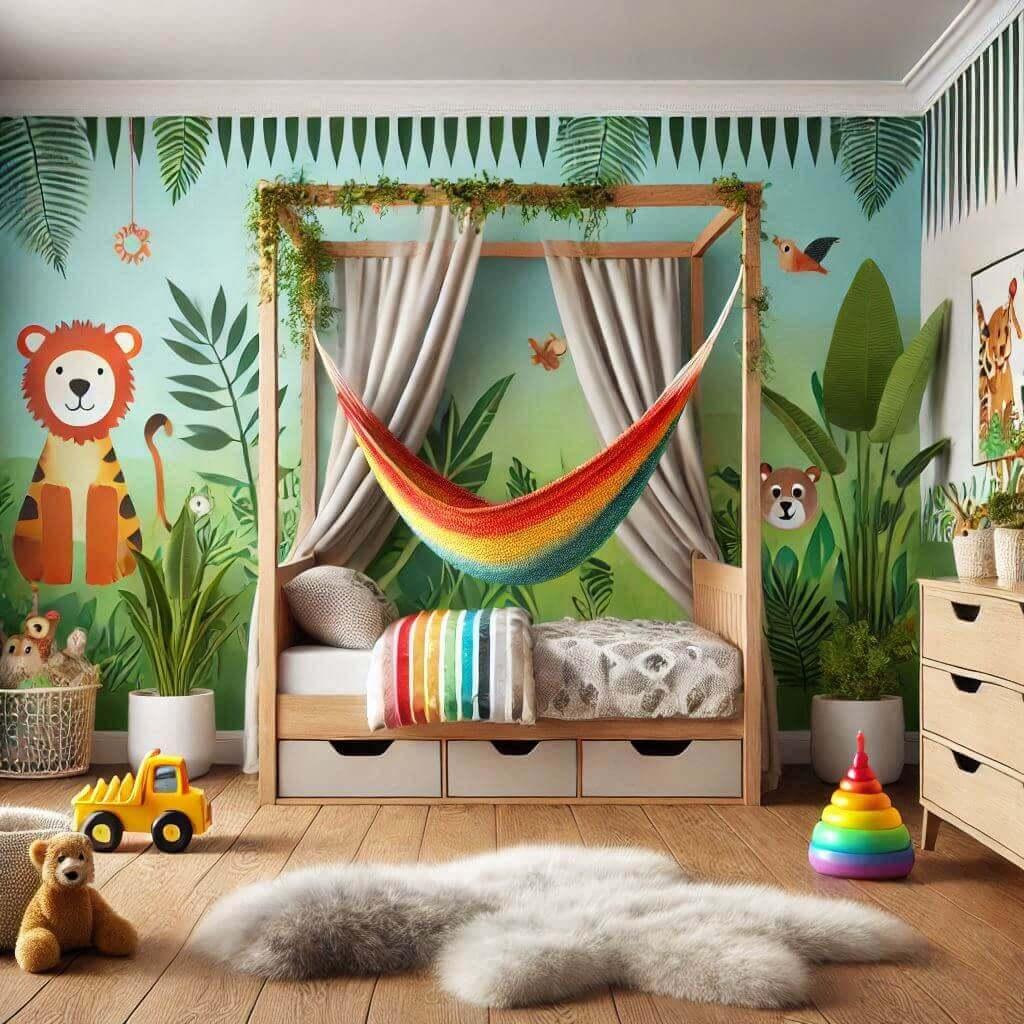 Une image realiste dune chambre denfant avec un theme jungle des elements personnalises avec le prenom isabelle des tapis en fourrure un lit avec tiroirs un lit a baldaquin avec un