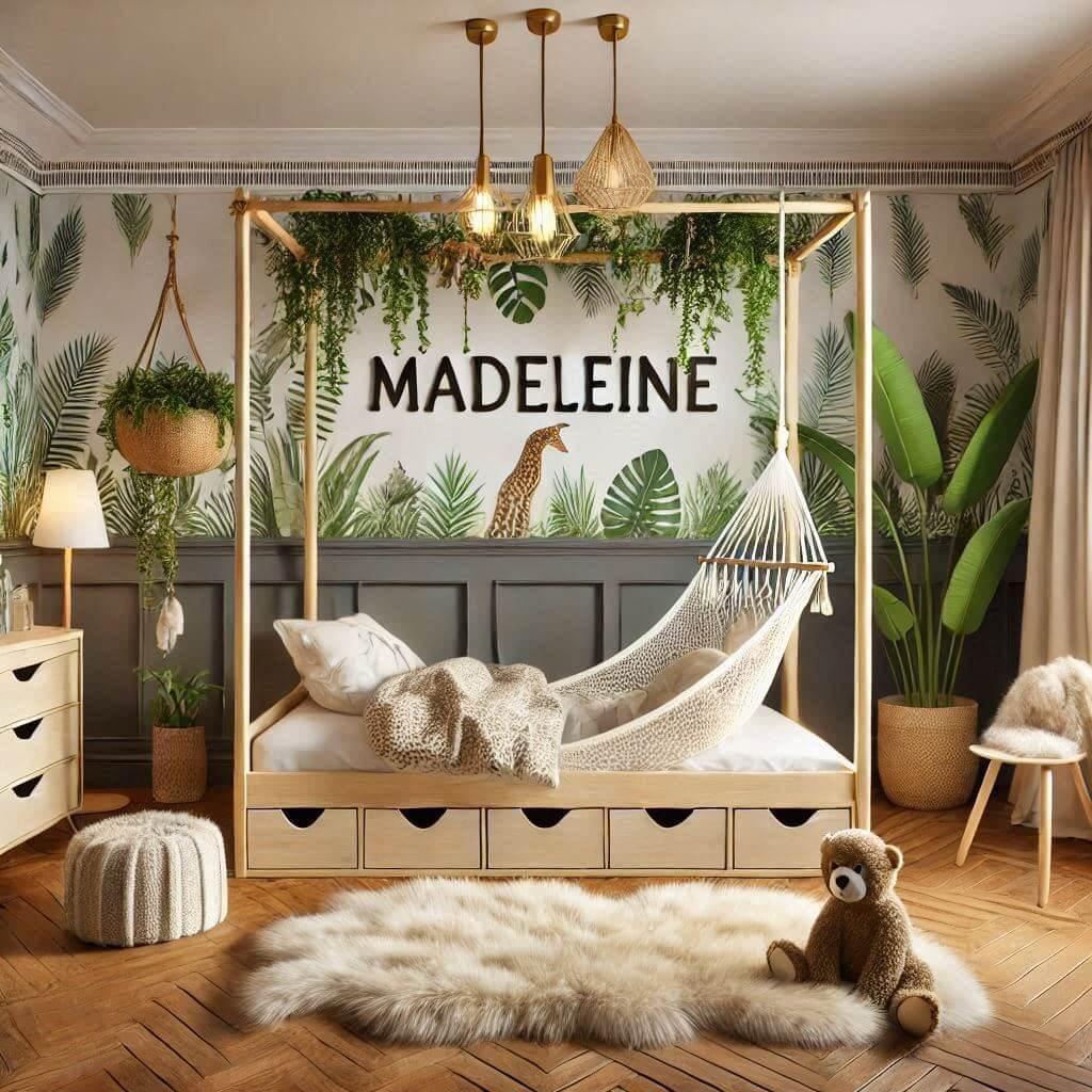 Une image realiste dune chambre denfant avec un theme jungle des elements personnalises avec le prenom madeleine des tapis en fourrure un lit avec tiroirs un lit a baldaquin avec u