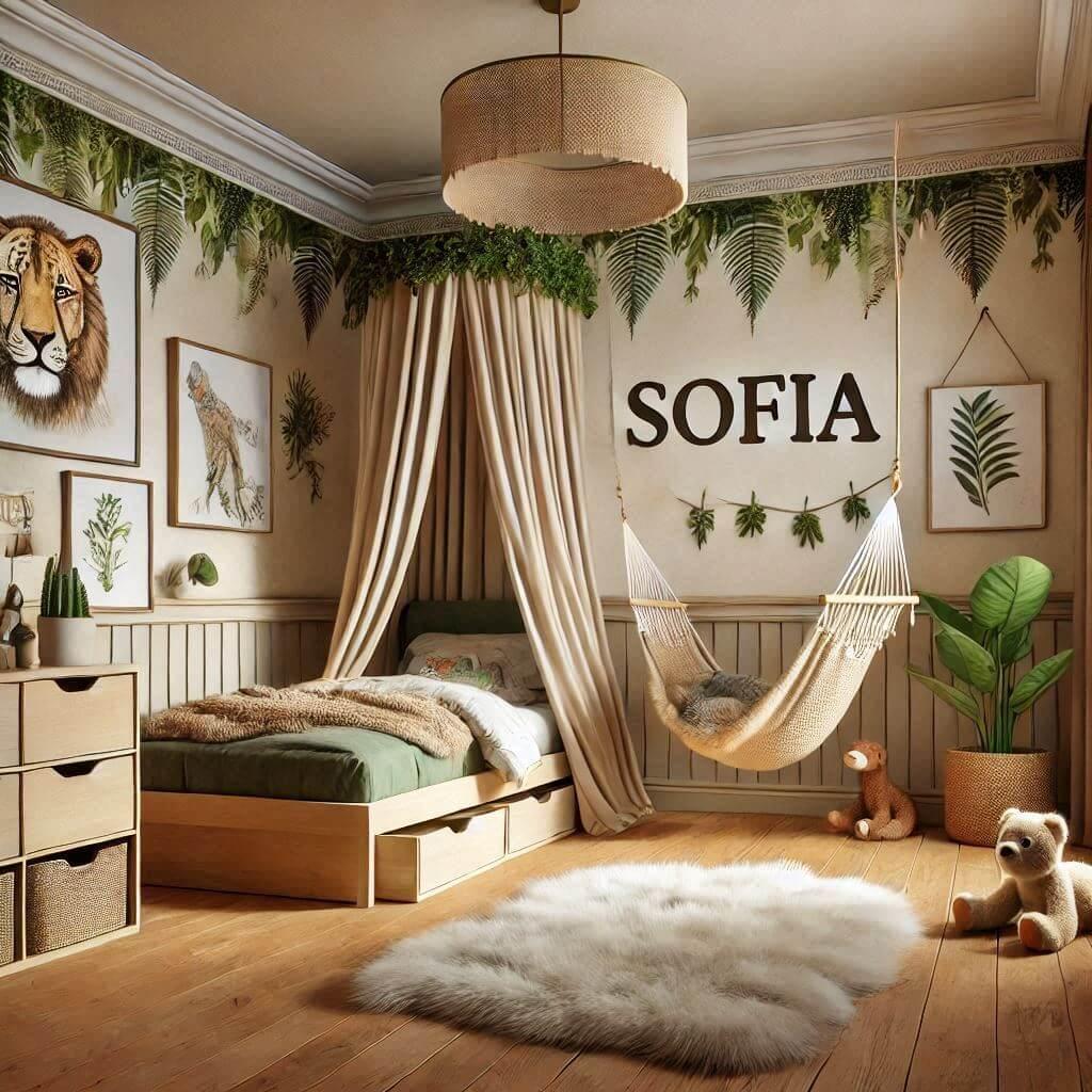 Une image realiste dune chambre denfant avec un theme jungle des elements personnalises avec le prenom sofia des tapis en fourrure un lit avec tiroirs un lit a baldaquin avec un ha