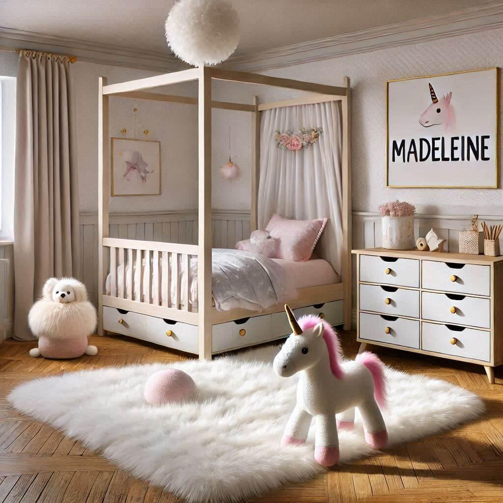 Une image realiste dune chambre denfant avec un theme licorne des elements personnalises avec le prenom madeleine des tapis en fourrure un lit avec tiroirs un lit a baldaquin avec