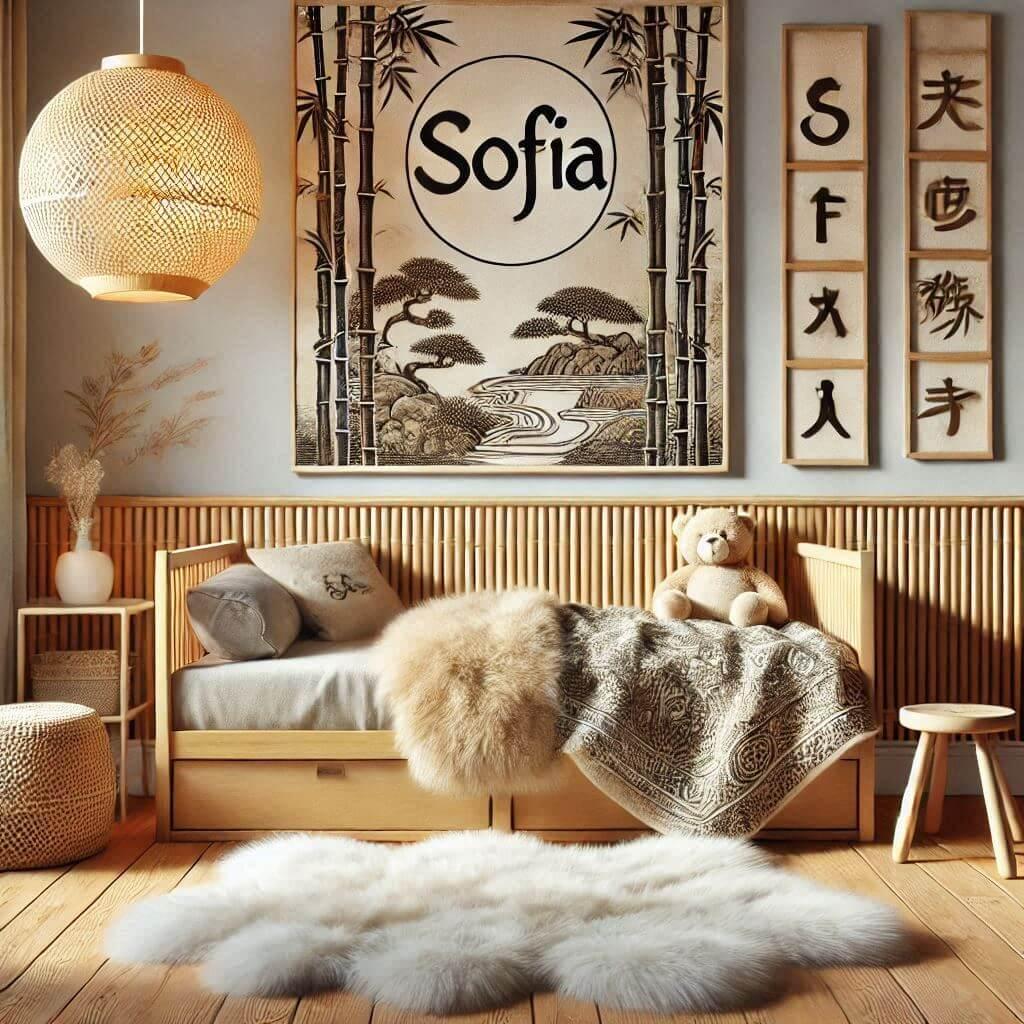 Une image realiste dune chambre denfant avec un theme tapisserie bambou zen des elements personnalises avec le prenom sofia des tapis en fourrure un lit avec des coussins bambou 1