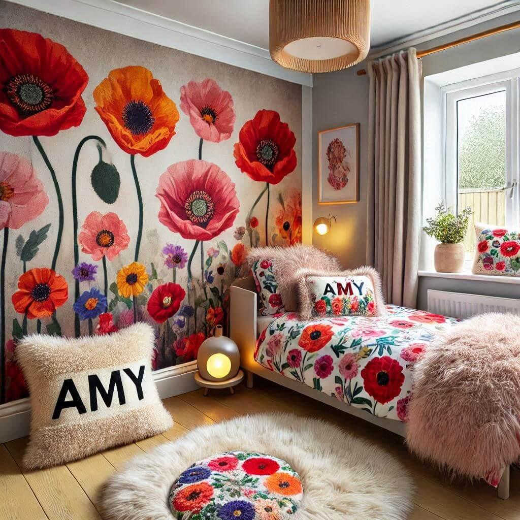 Une image realiste dune chambre denfant avec un theme tapisserie fleur coquelicot des elements personnalises avec le prenom amy sur un coussin et des tapis en fourrure un lit avec