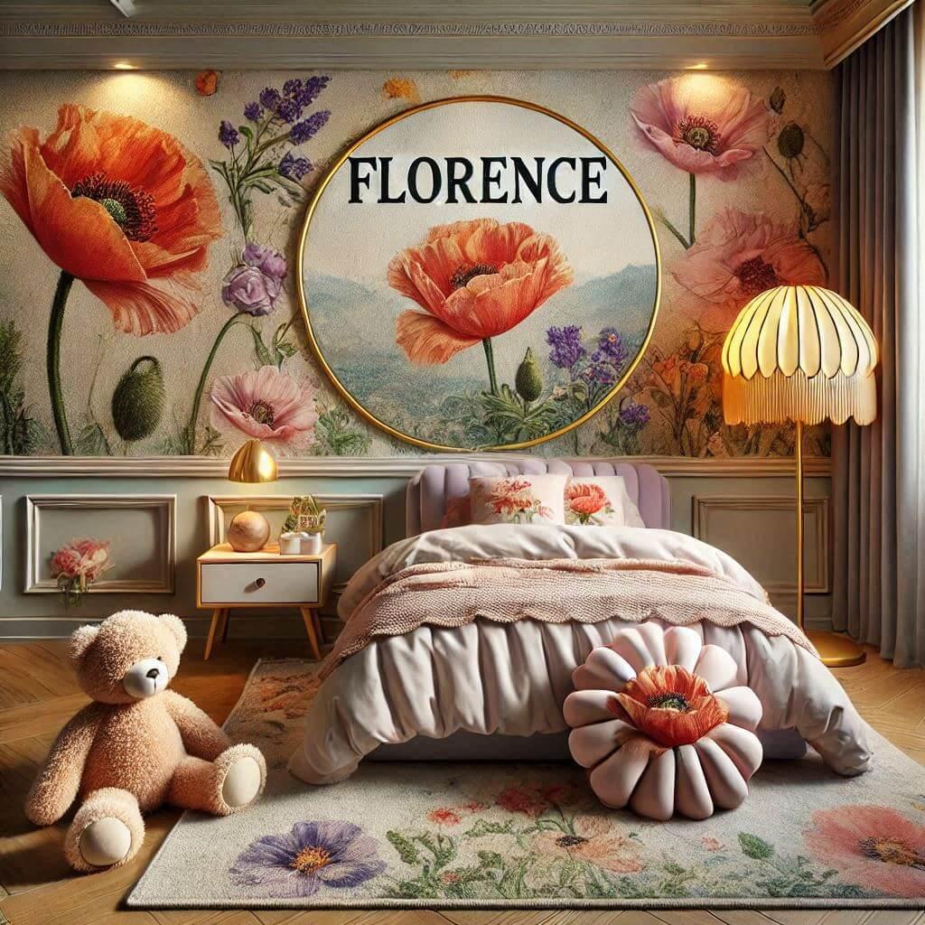 Une image realiste dune chambre denfant avec un theme tapisserie fleur coquelicot des elements personnalises avec le prenom florence sur un coussin et des tapis en fourrure un lit