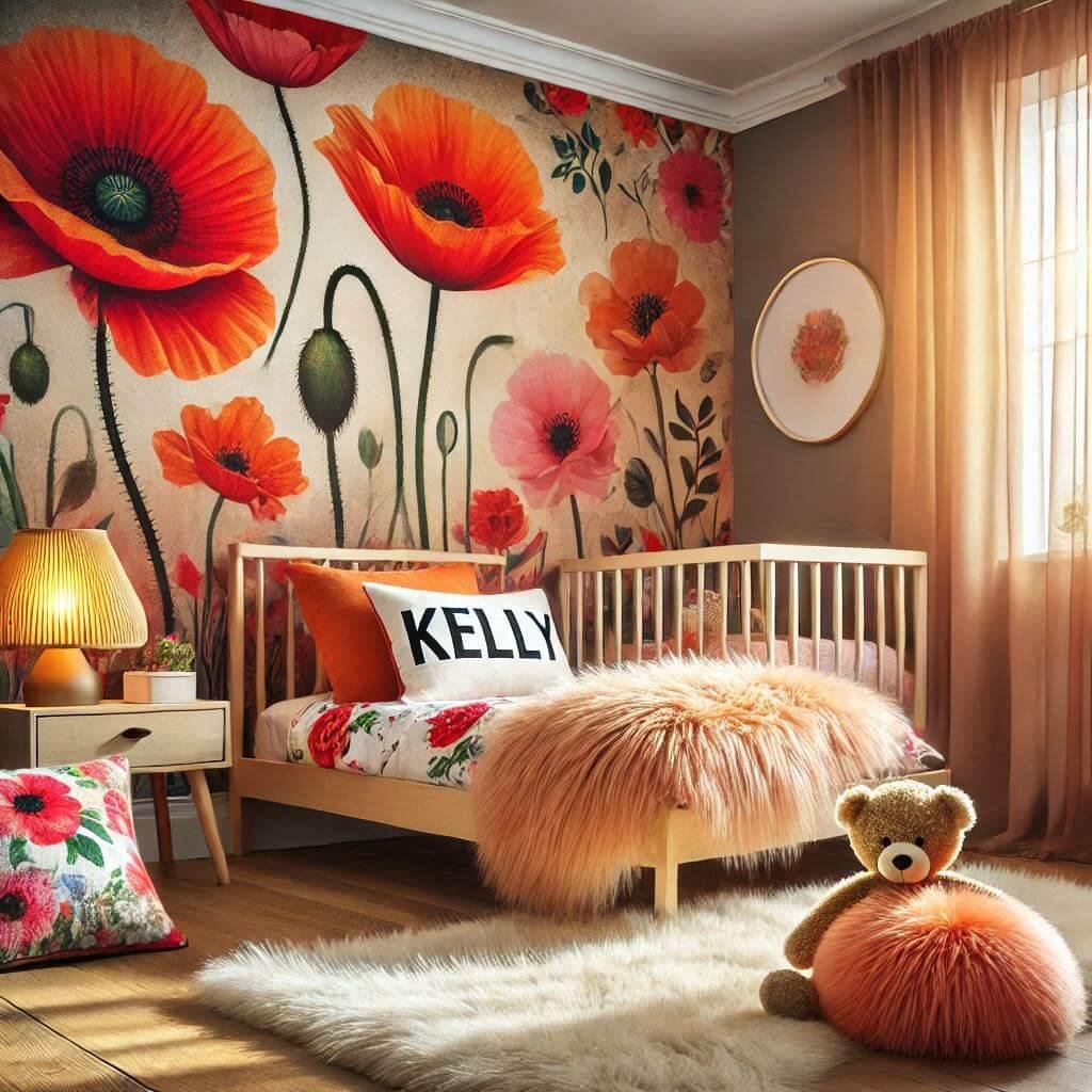 Une image realiste dune chambre denfant avec un theme tapisserie fleur coquelicot des elements personnalises avec le prenom kelly sur un coussin et des tapis en fourrure un lit ave