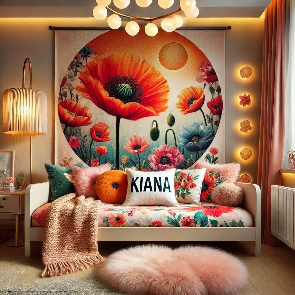 Une image realiste dune chambre denfant avec un theme tapisserie fleur coquelicot des elements personnalises avec le prenom kiana sur un coussin et des tapis en fourrure un lit ave